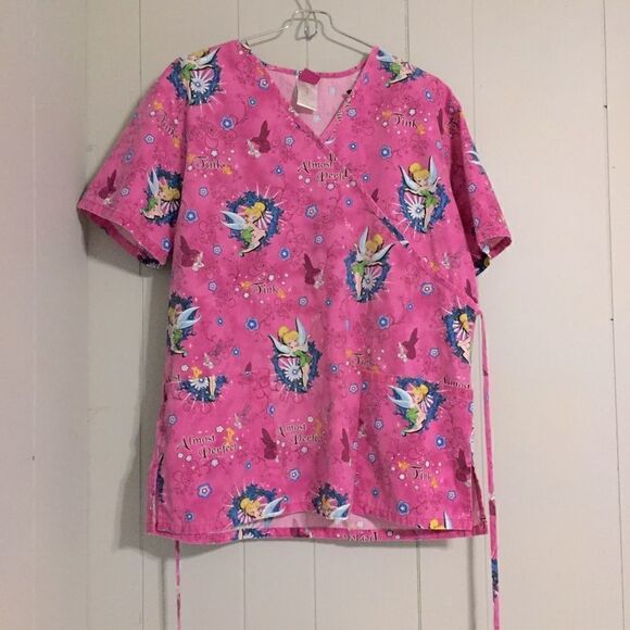 Disney Pink M Scrub Top Tinkerbell Almost Perfect Short Sleeve - Picture 1 of 5